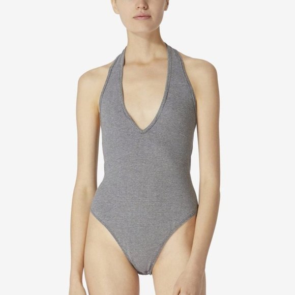 NWT Avec Les Filles L'Avenue Black & White Thin Stripe Halter Bodysuit XXS - Picture 1 of 12